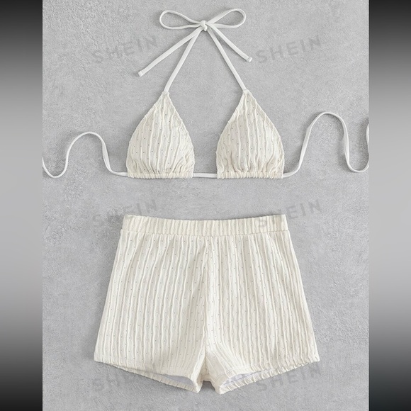 SHEIN White Ribbed Halter Triangle Bikini Boy Short Swim - Picture 3 of 6